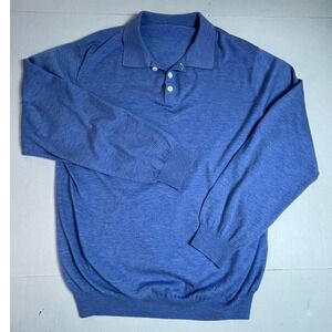 TOM JAMES Mens Blue Merino Wool Long Sleeve Polo Sweater Size L